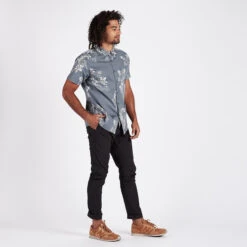 Crest Short Sleeve Button-Down | Grey Vintage Floral -TrendSphere V150GVF 5